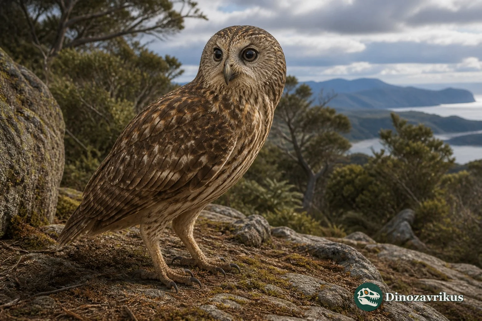 The laughing owl, Ninox albifacies, perched on rocky ground in New Zealand