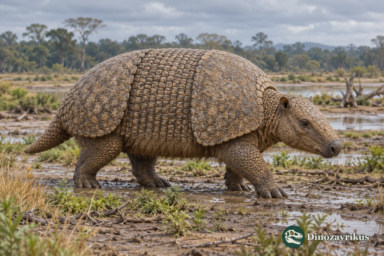 Artistic reconstruction of Scirrotherium on a Miocene Colombian floodplain