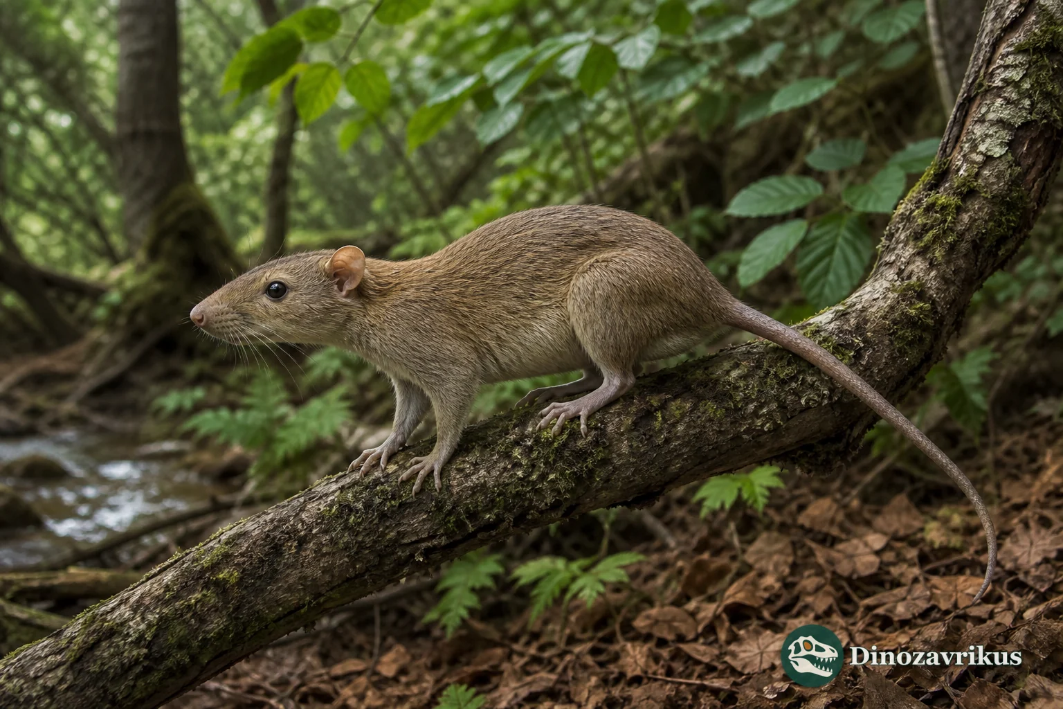 Sciuravus climbing along a branch in an Eocene Wyoming woodland