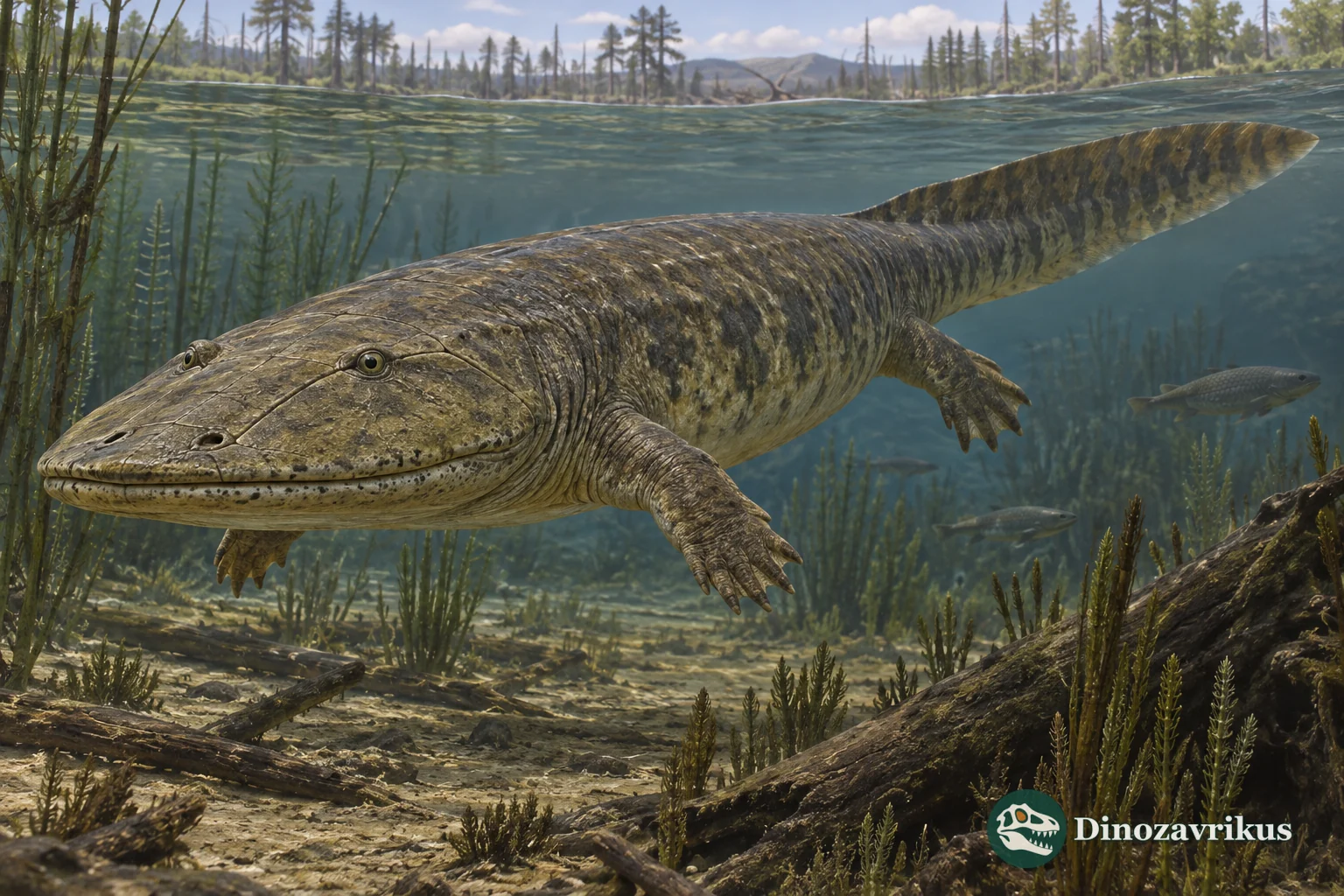 Sclerocephalus haeuseri swimming above the floor of a Permian lake