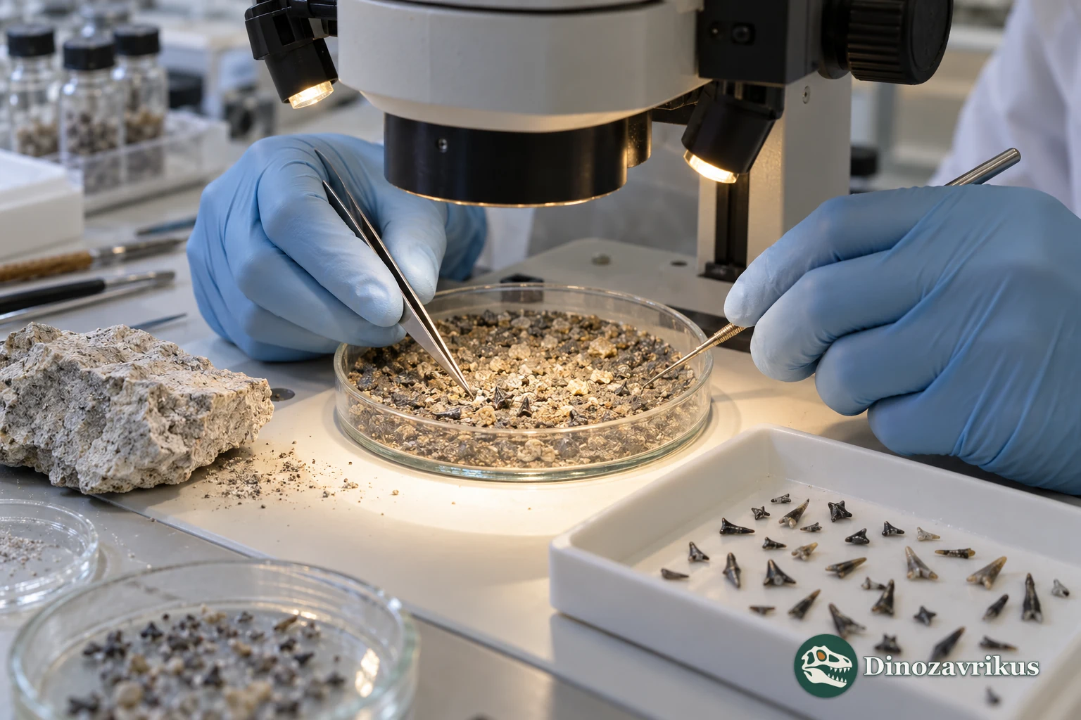 Illustration of a laboratory sorting conodont microfossils from sediment residue