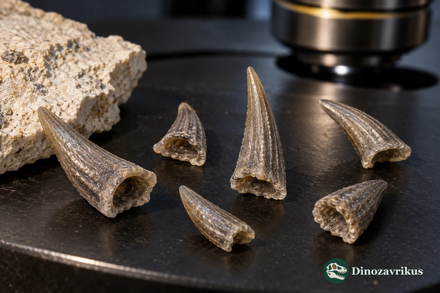 Magnified illustrative Scolopodus-like conodont elements beside a microscope