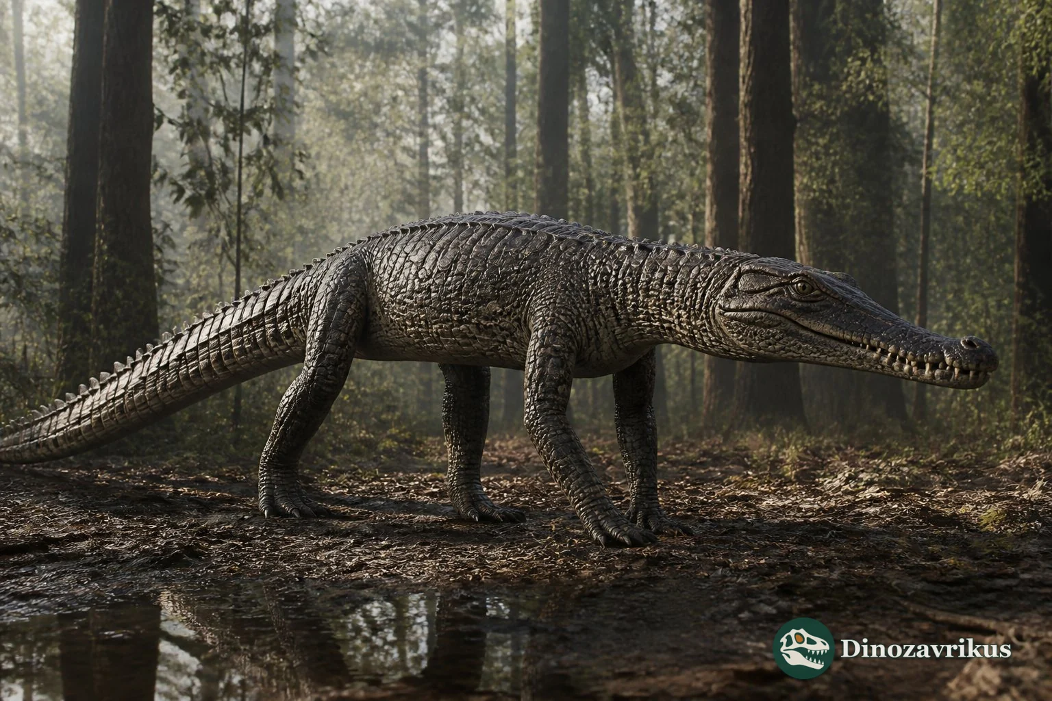 Sebecus icaeorhinus walking across an Eocene Patagonian floodplain, based on cranial and postcranial fossils