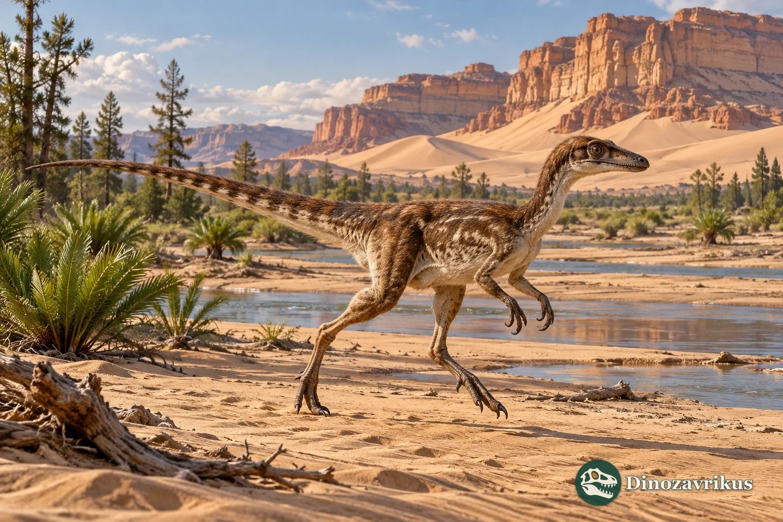 Segisaurus reconstructed beside an Early Jurassic dune field and temporary stream in Arizona