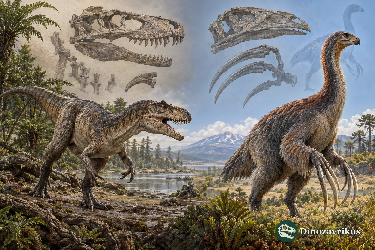 A Megalosaurus and a feathered therizinosaur shown in separate Jurassic and Cretaceous landscapes
