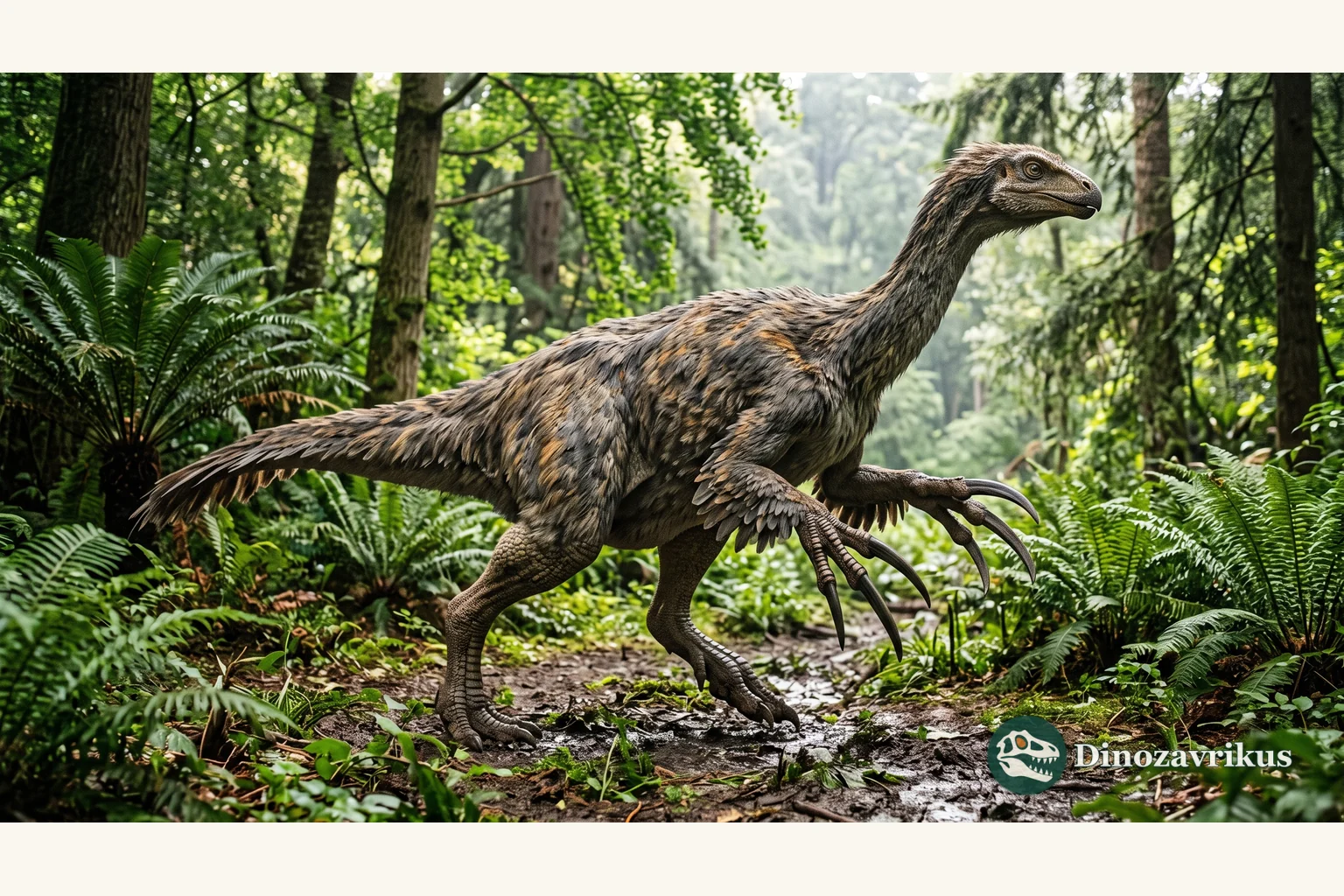 Segnosaurus reconstructed on a Late Cretaceous river plain in Mongolia