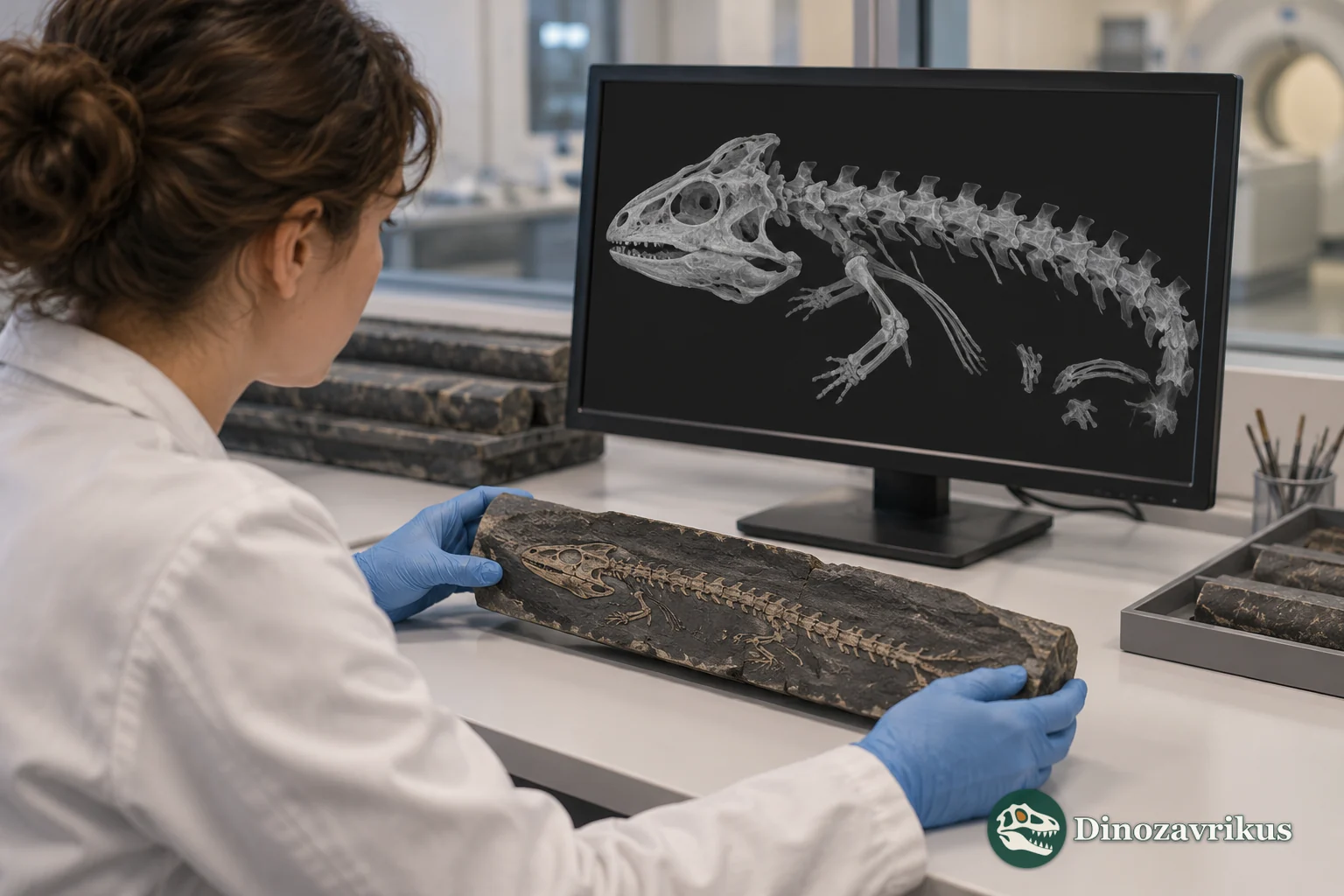 Illustrative laboratory examination of a small fossil amphibian slab with imaging equipment