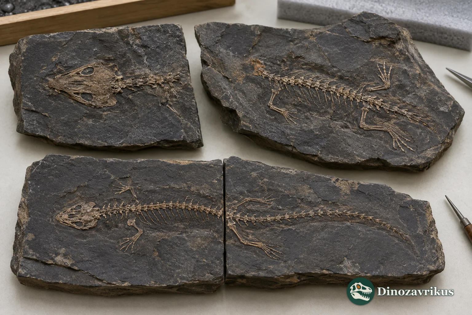 Illustrative fossil frog skeletons preserved on dark fine-grained sediment slabs