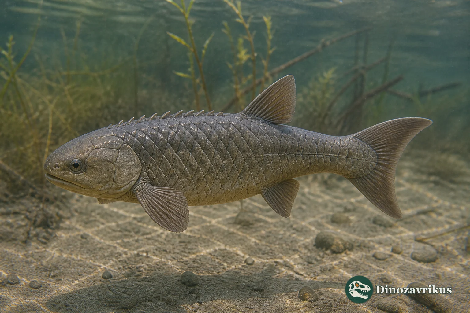 Semionotus bergeri reconstructed in a Triassic coastal lagoon
