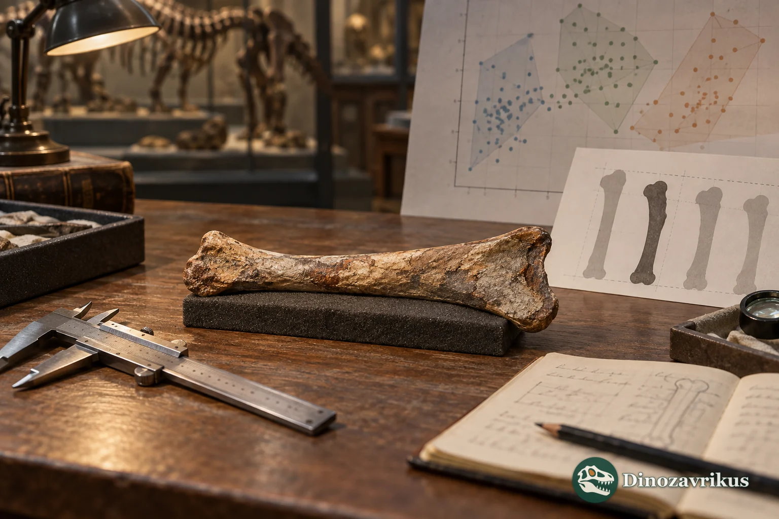 A fossil forearm bone beside calipers and a research comparison chart