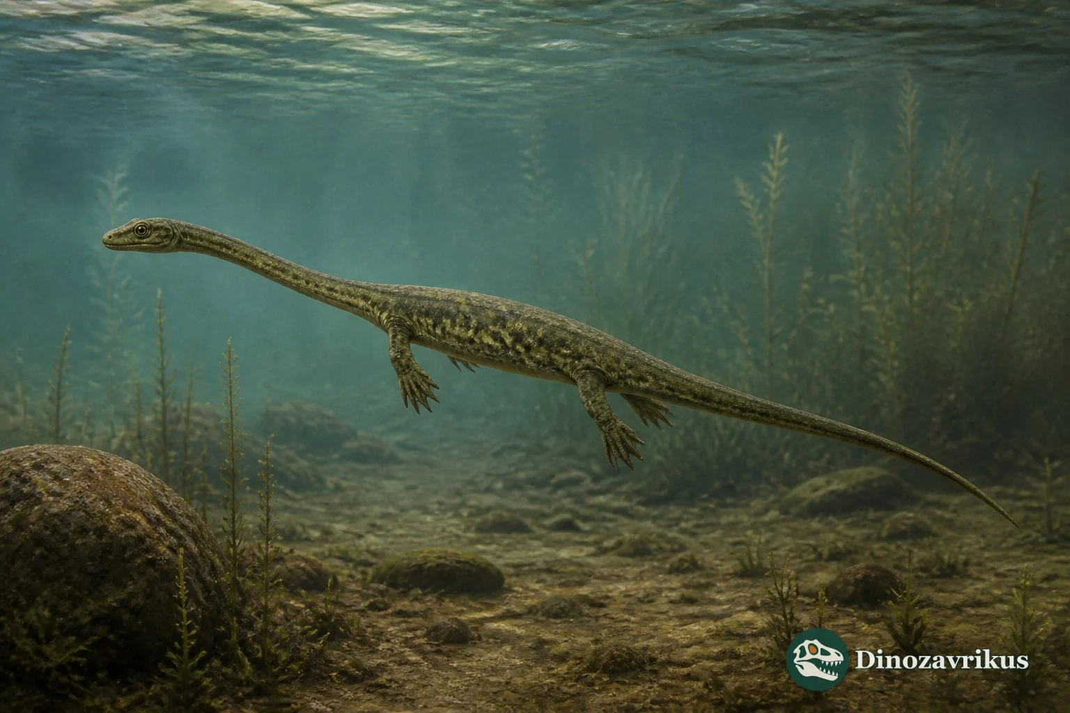 Serpianosaurus moving through a shallow Middle Triassic lagoon