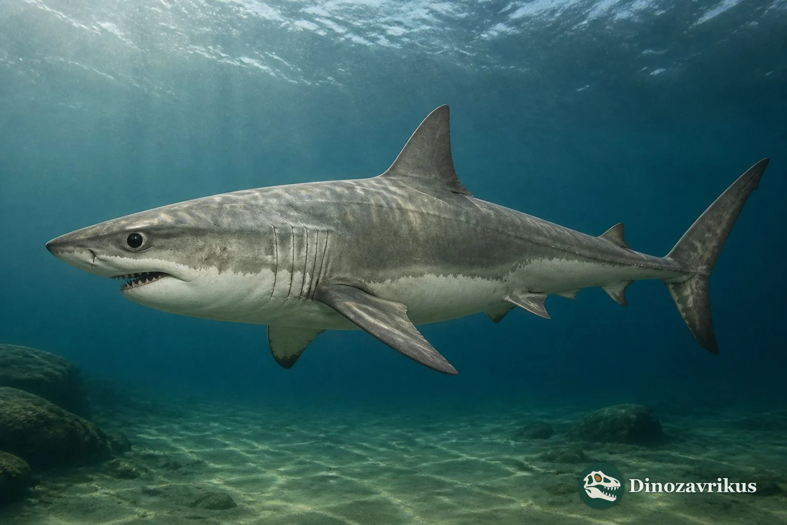 Serratolamna serrata swimming above a Late Cretaceous continental shelf