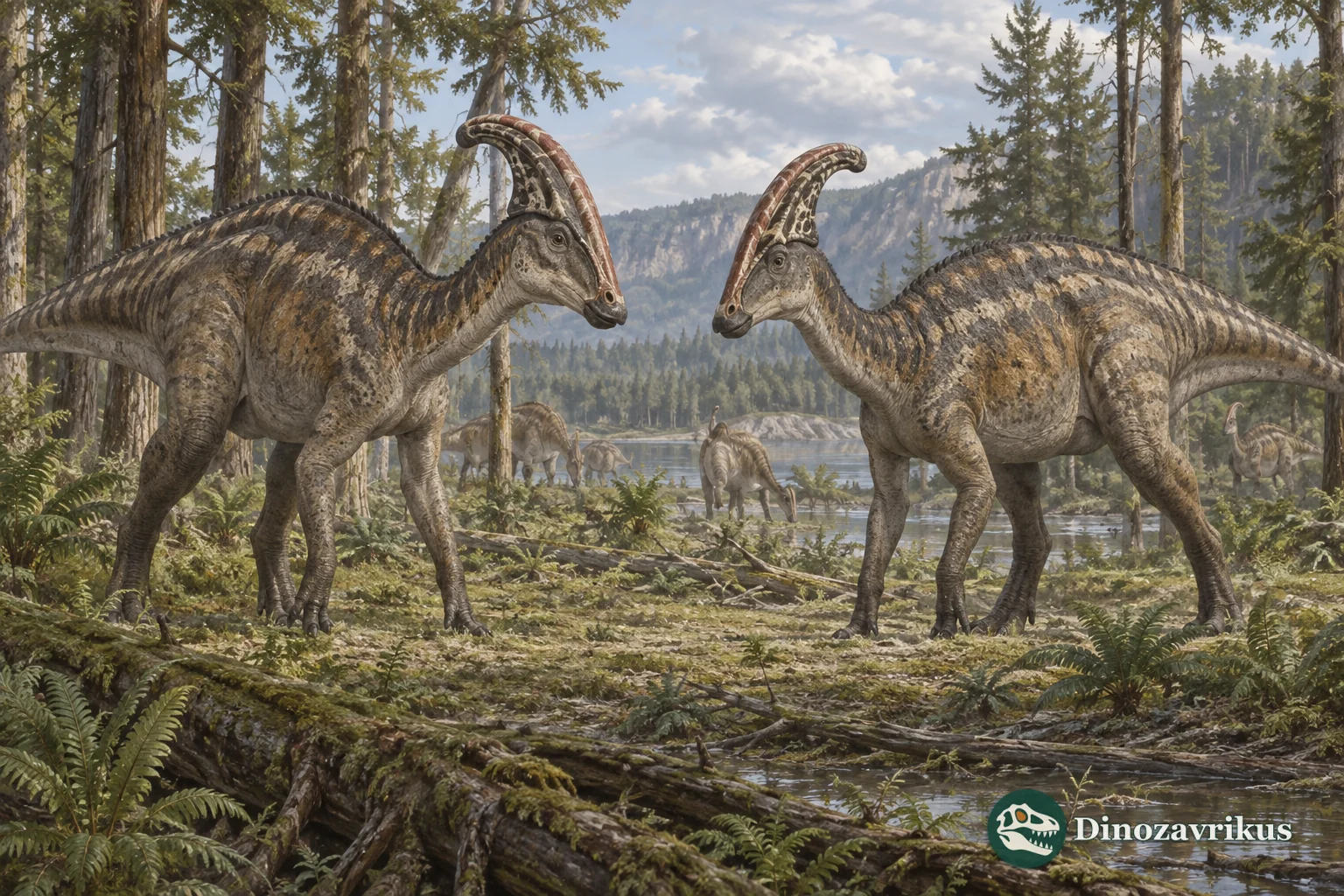 Two crested dinosaurs facing each other in a restrained display posture