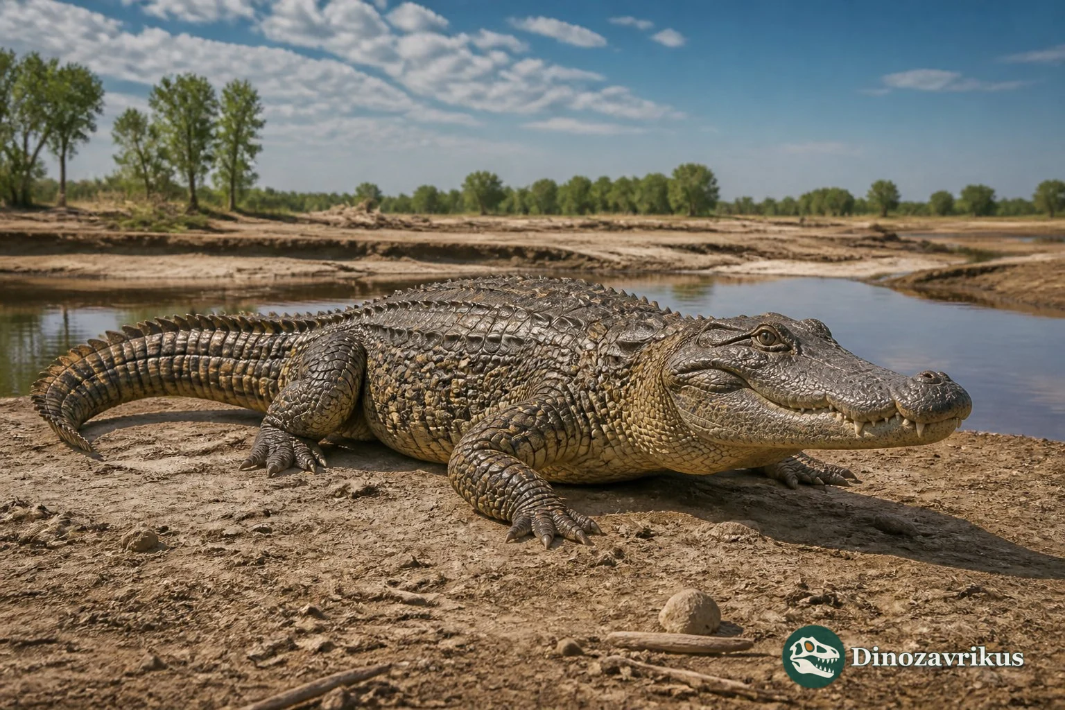 Shamosuchus djadochtaensis at the edge of a Cretaceous Gobi oasis, with skull proportions based on referred fossils