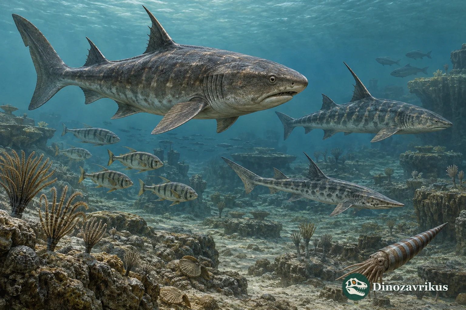 A reconstruction of a Late Cretaceous shark swimming over a marine fossil seabed