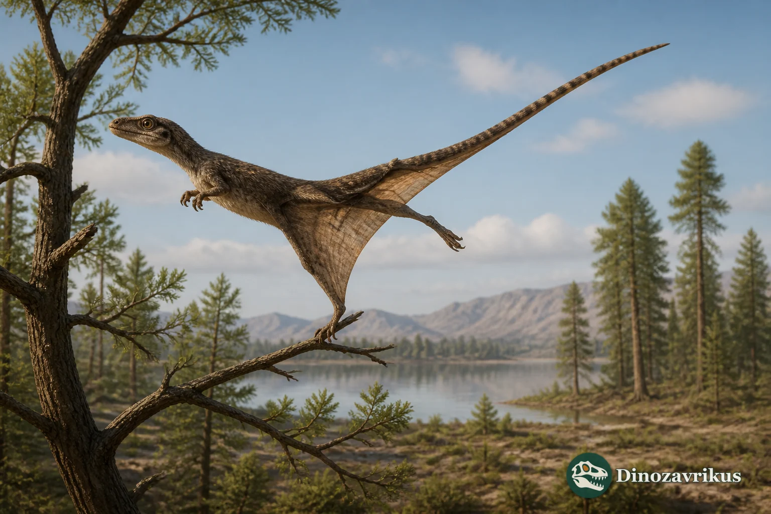 Sharovipteryx mirabilis gliding above a Triassic landscape in Kyrgyzstan