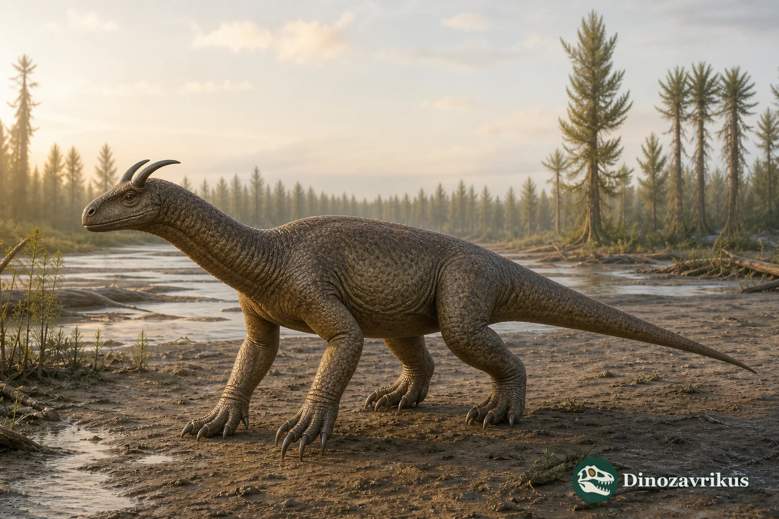 Shringasaurus walking through a Middle Triassic woodland in India