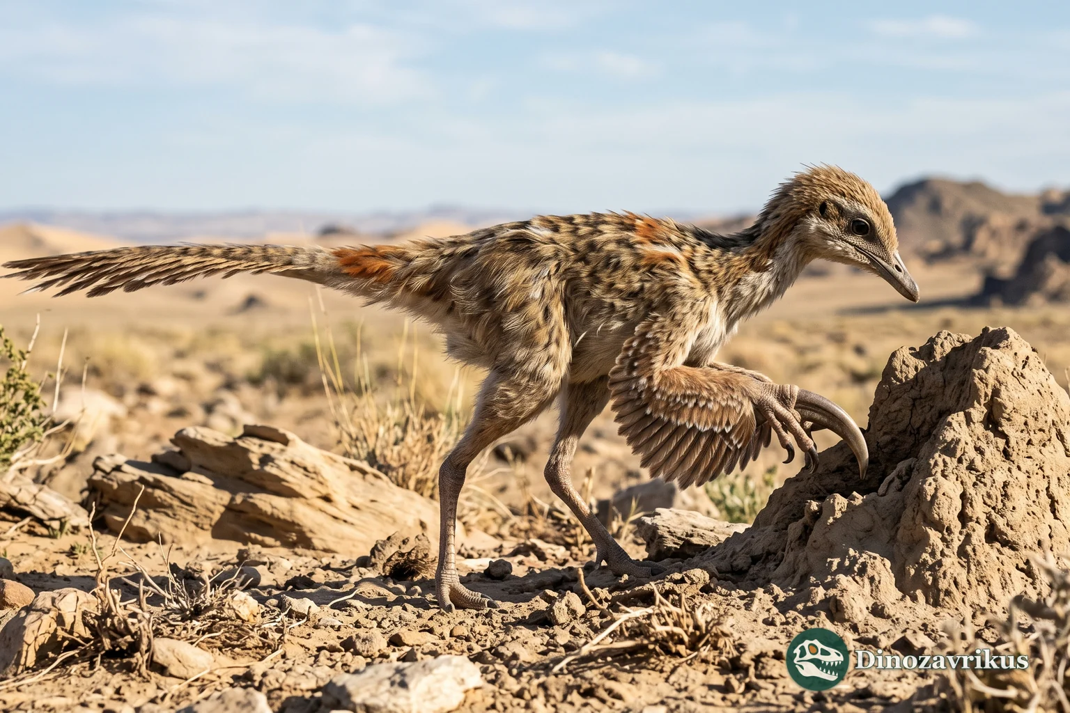 Feathered reconstruction of Shuvuuia in Late Cretaceous Mongolia