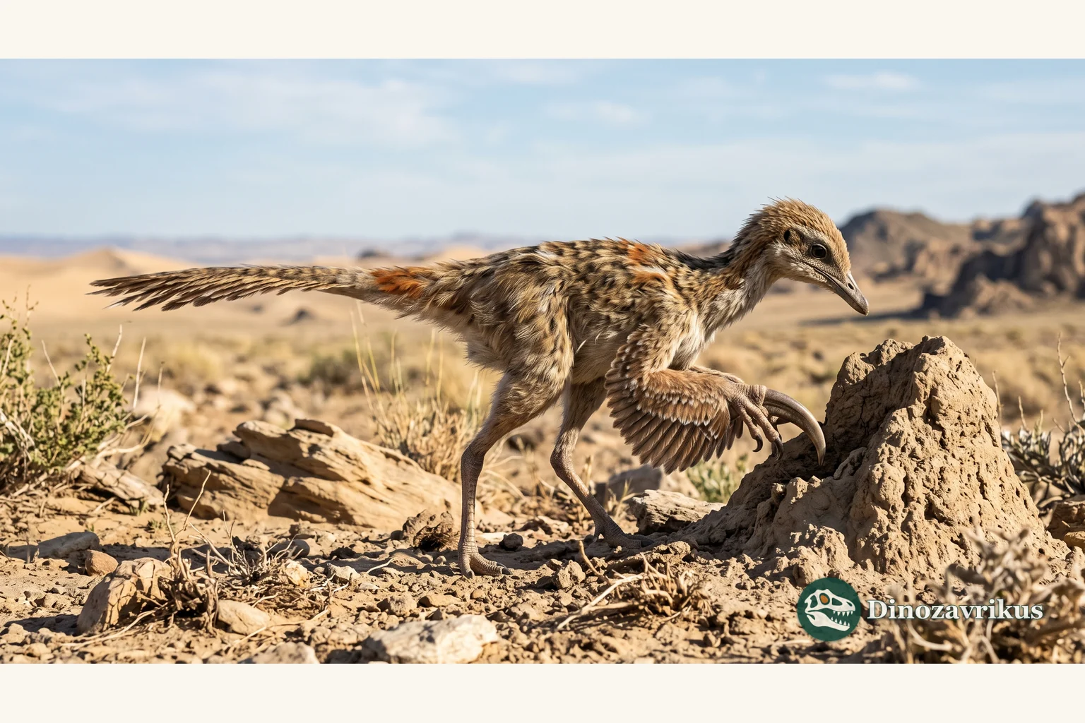 Feathered reconstruction of Shuvuuia in Late Cretaceous Mongolia