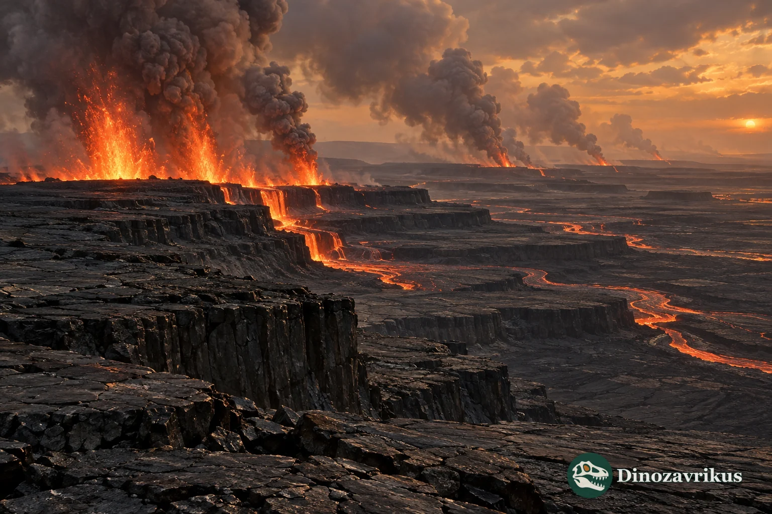 Siberian Traps flood-basalt eruptions releasing gases across a Late Permian landscape
