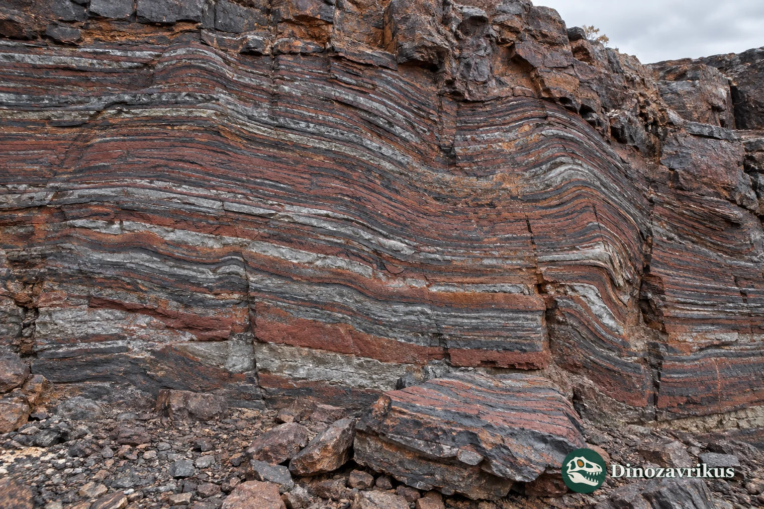 Alternating iron-rich and silica-rich layers in a Siderian banded iron formation