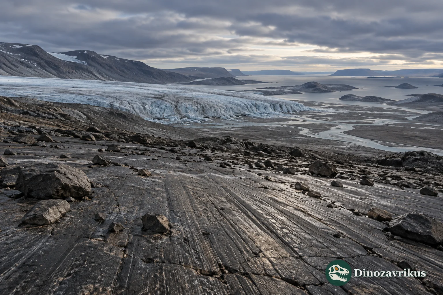 A Siderian glacier crossing bare rock and releasing meltwater