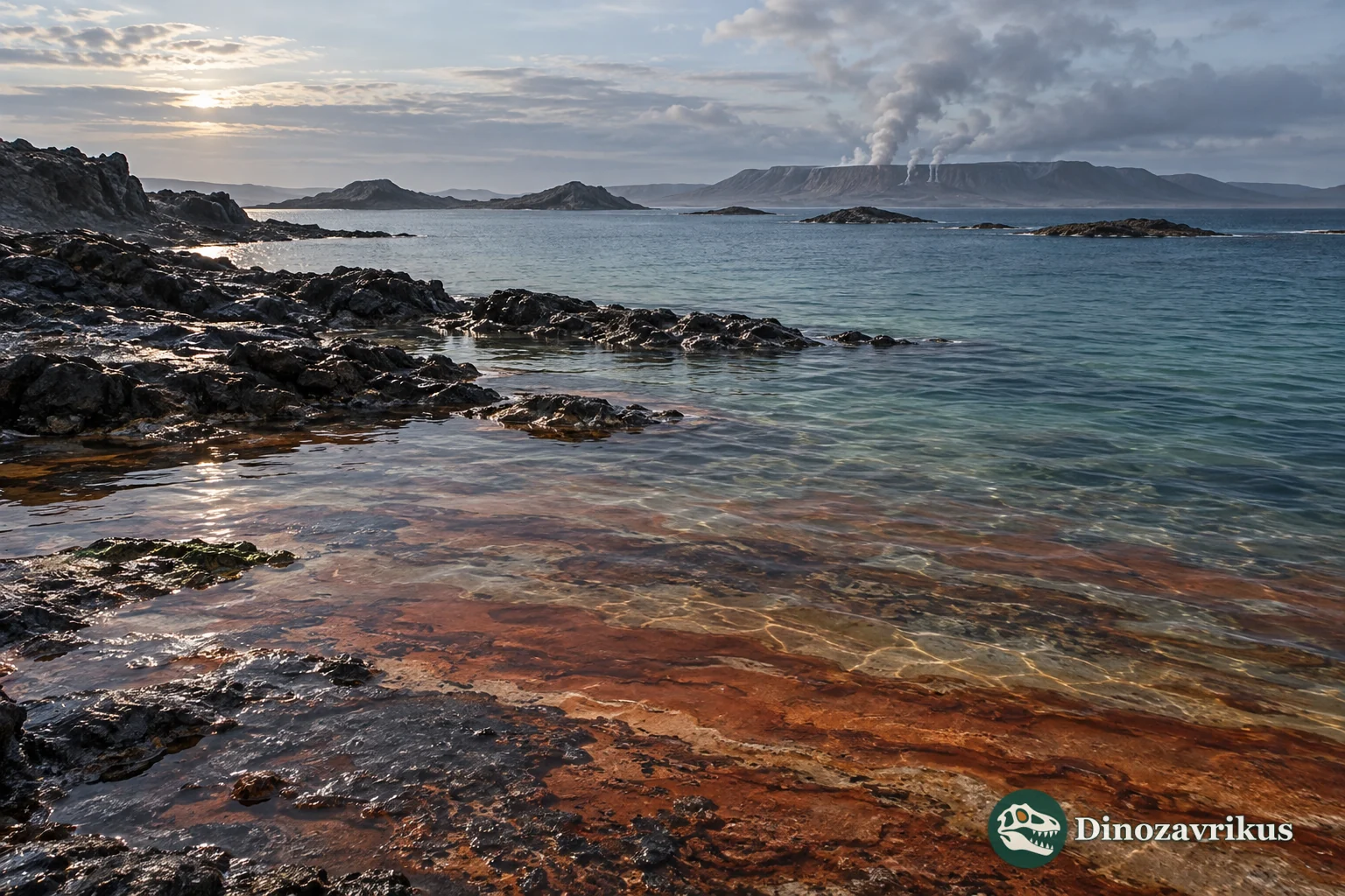 Iron-rich shallow sea and barren volcanic shore during the Siderian Period