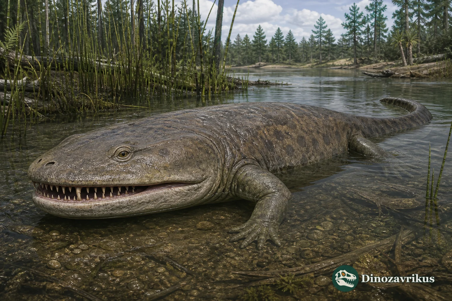 Siderops kehli ambushing fish in an Early Jurassic river in Queensland