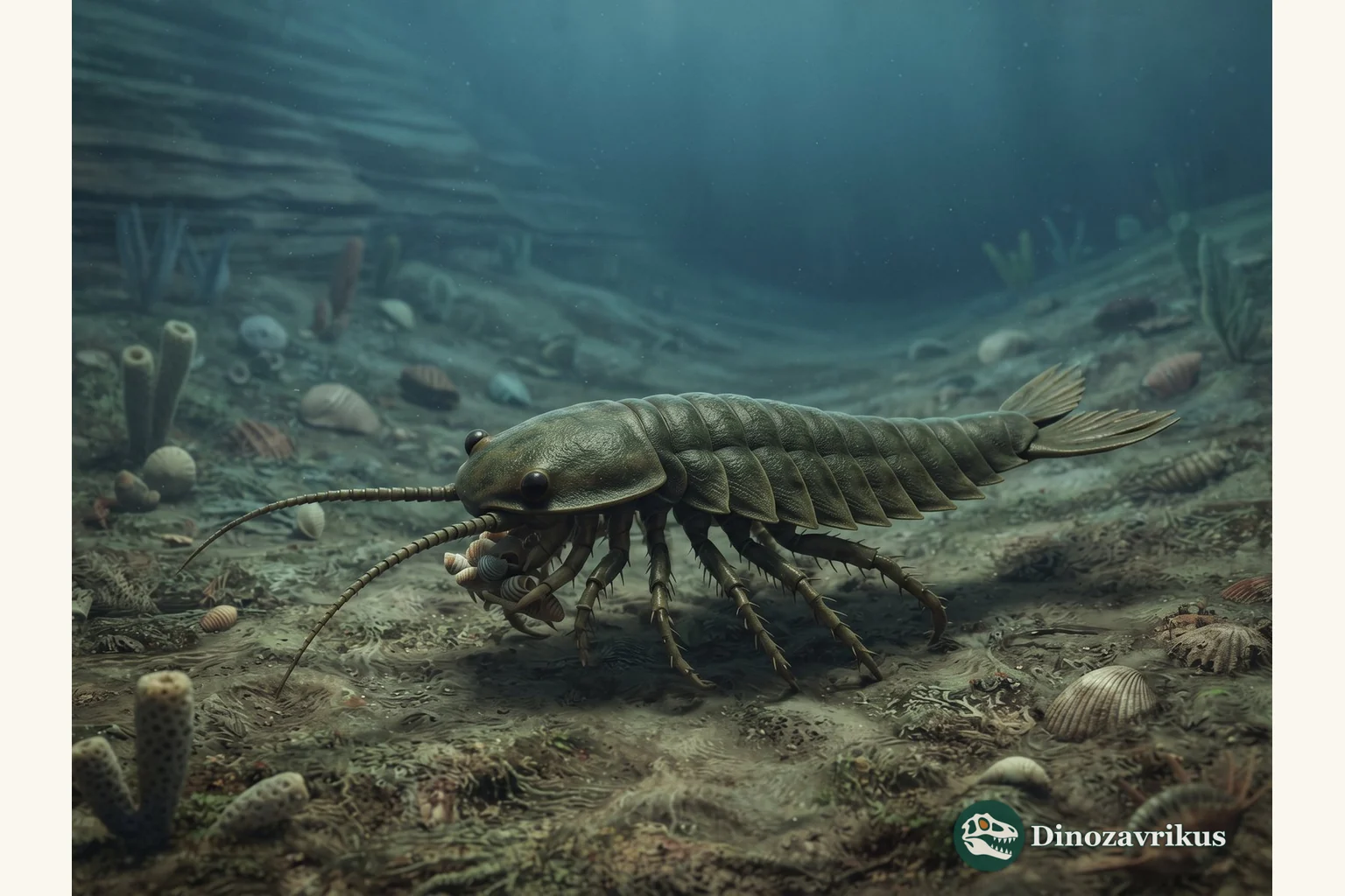 Sidneyia moving across the Cambrian seafloor among Burgess Shale animals