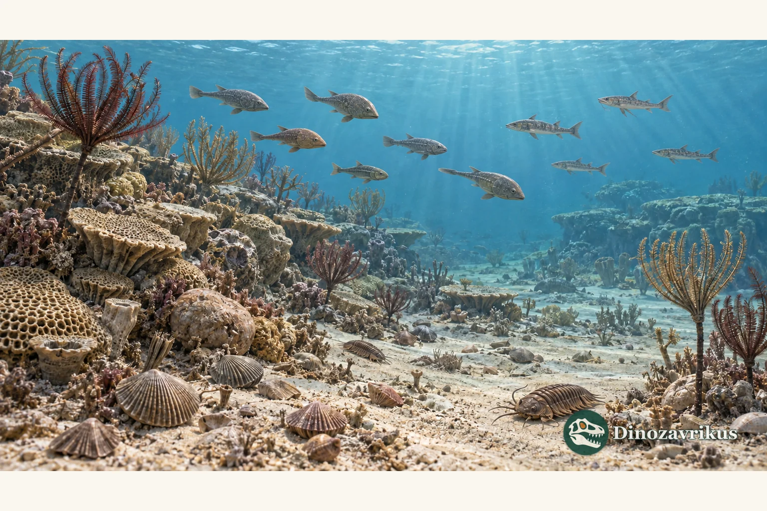 Reconstructed Silurian reef with corals, crinoids, trilobites and small armoured fishes