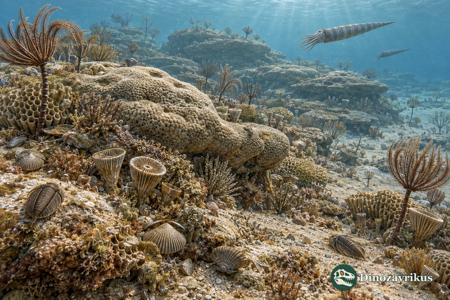 Silurian reef at Gotland with stromatoporoids, tabulate and rugose corals, crinoids and trilobites