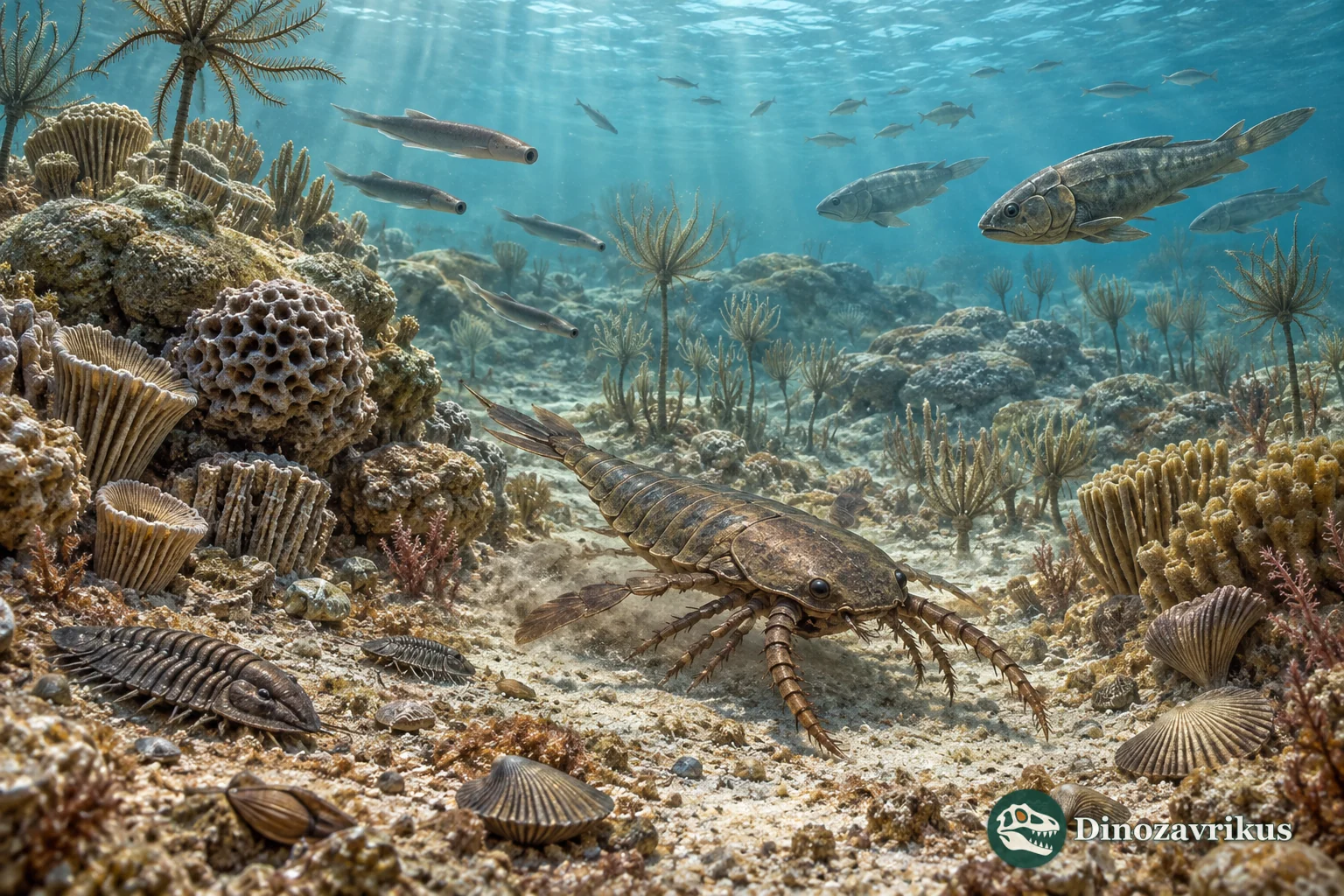 Silurian sea with reef builders, jawless fishes, early jawed fishes and eurypterids