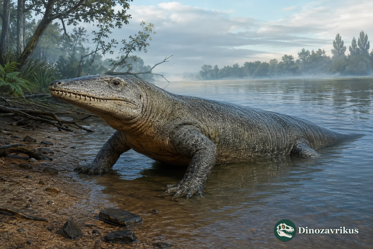 Simoedosaurus lemoinei swimming through a Paleocene freshwater channel