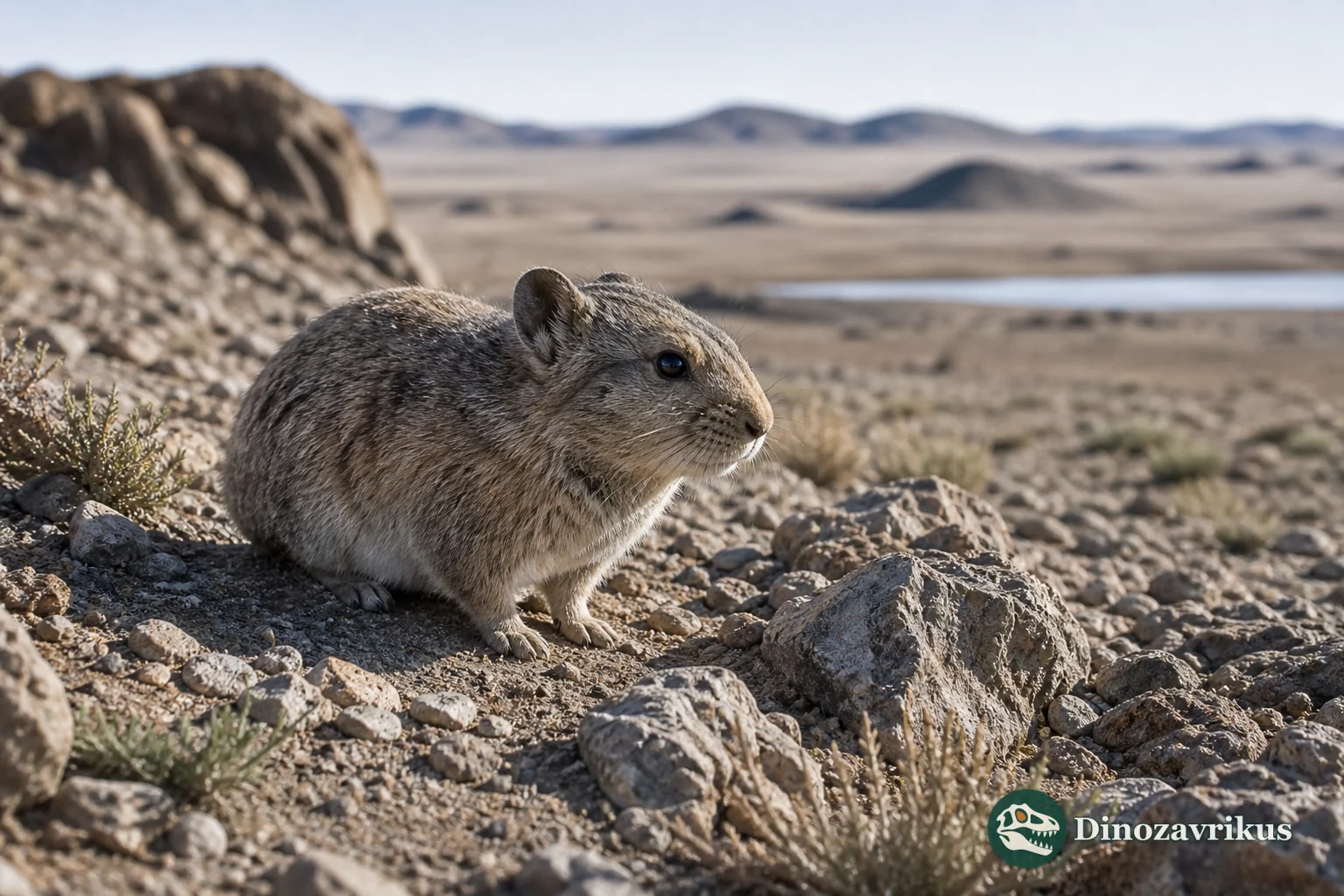 Sinolagomys foraging among low plants in an Oligocene Central Asian landscape