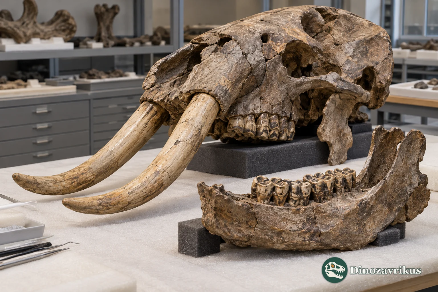 Illustrative gomphothere skull, jaw and rounded molars