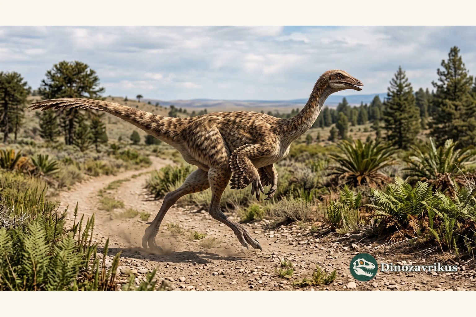 Illustrative reconstruction of Sinornithomimus individuals near a Cretaceous pond