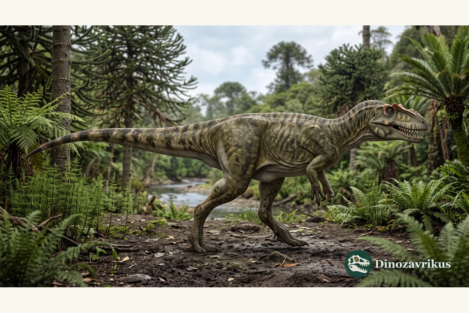 Scientific reconstruction of Sinraptor dongi in a Jurassic landscape of western China