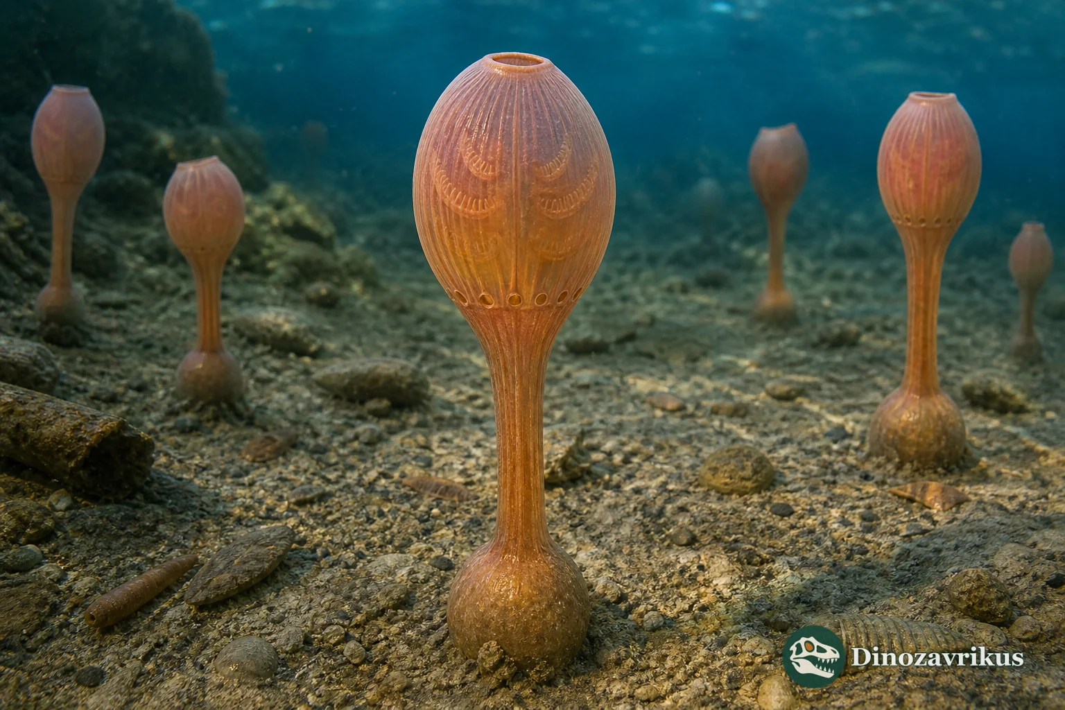 Siphusauctum gregarium reconstructed as a stalked animal with an oval calyx and basal holdfast on the Cambrian seafloor