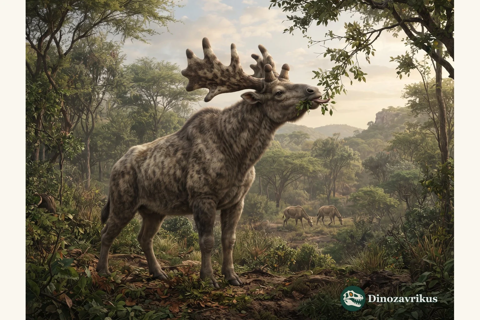 Sivatherium giganteum with four ossicones in open woodland