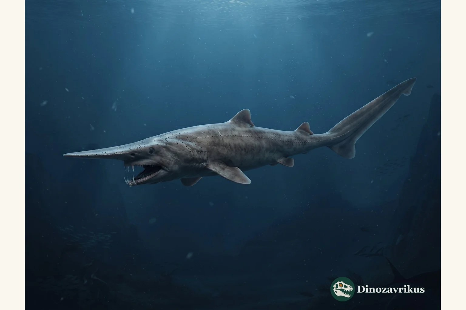 Scapanorhynchus swimming through a Late Cretaceous sea