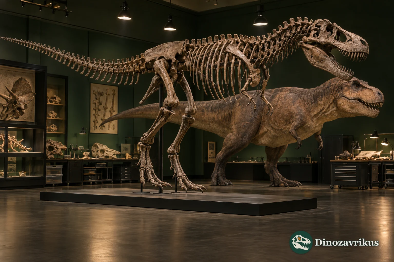A Tyrannosaurus skeleton beside a full-bodied anatomical reconstruction