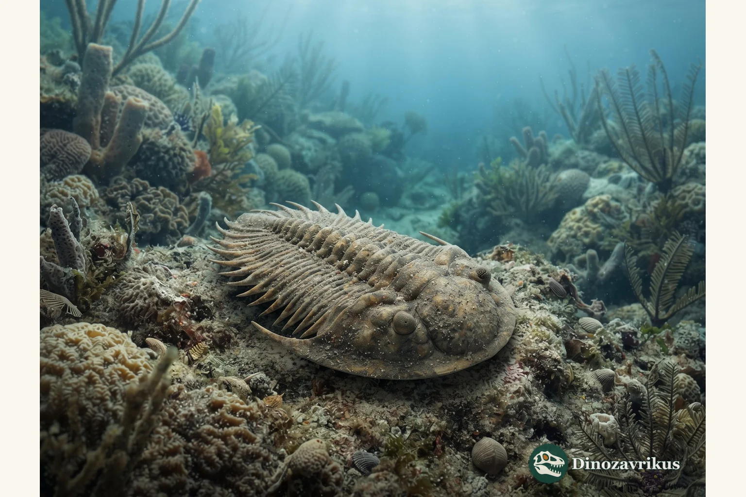 Scutellum trilobite with a broad fan-shaped pygidium on a Devonian seafloor