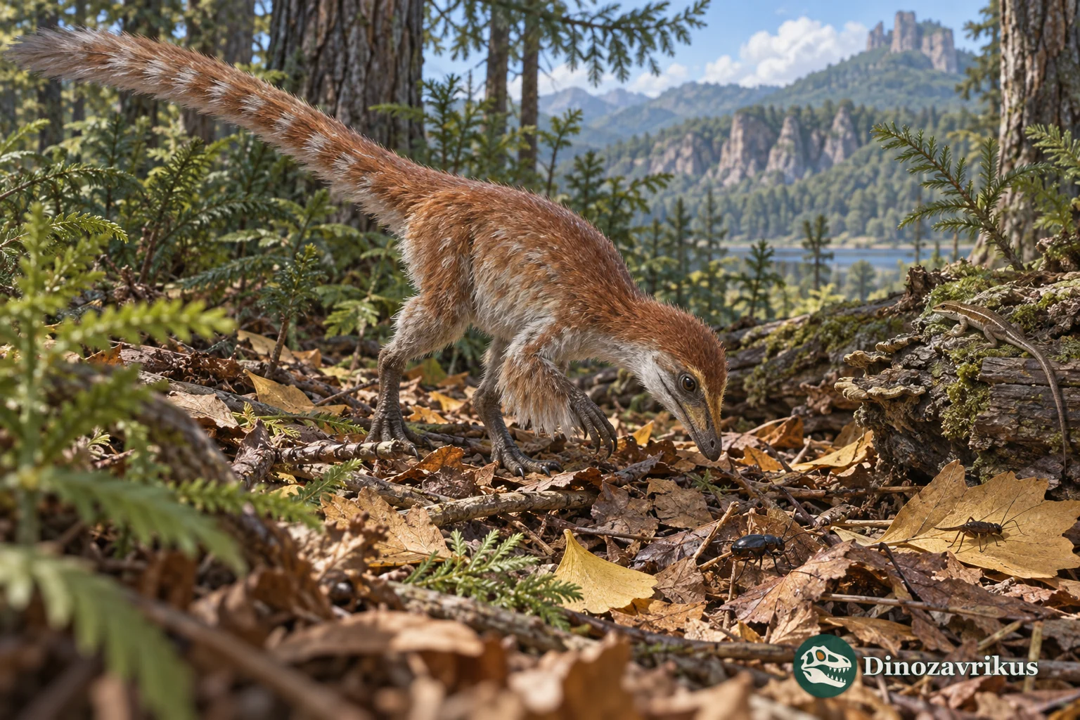 A small feathered theropod moving through Early Cretaceous vegetation as an insect passes nearby