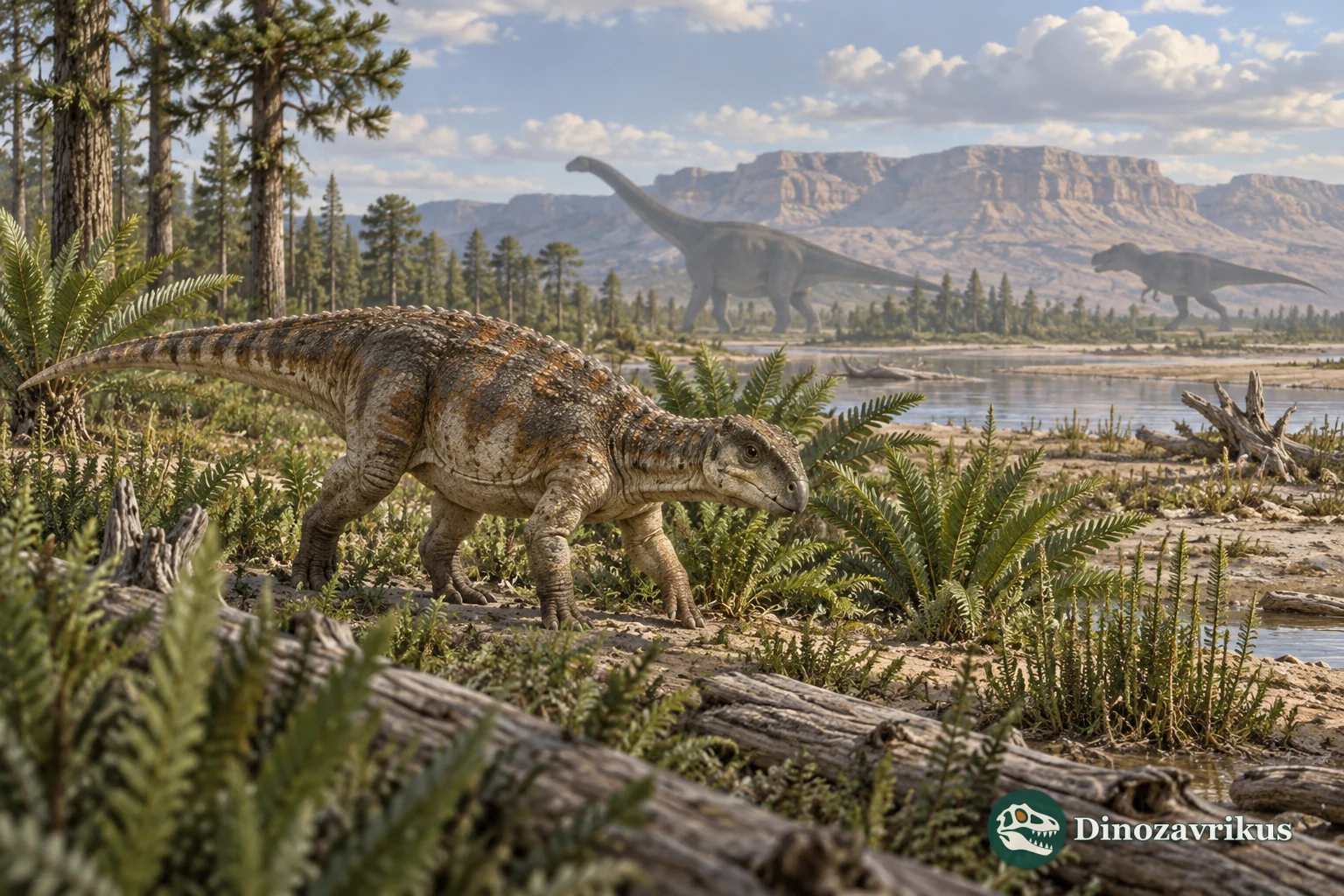 A small Jurassic ornithischian forages in low vegetation while larger dinosaurs remain in the distance