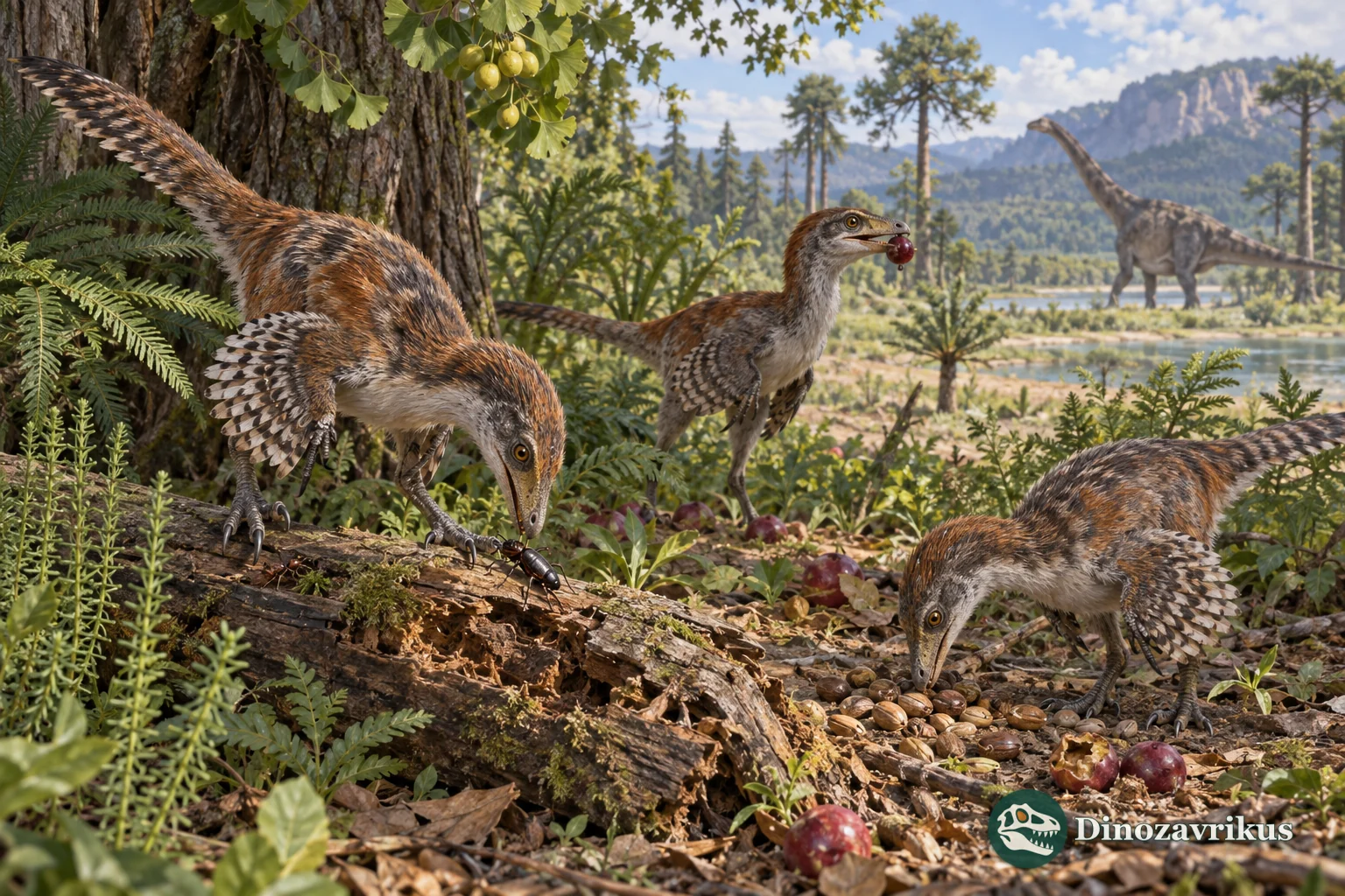 Small feathered dinosaurs forage for seeds, insects and other food on a Cretaceous forest floor