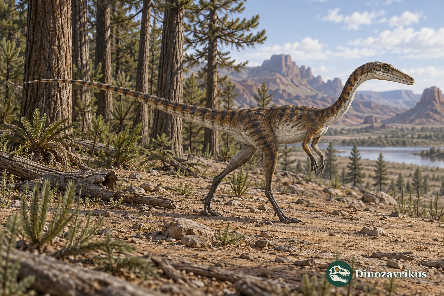Illustrative slender Coelophysis-like theropod walking alone beside conifers