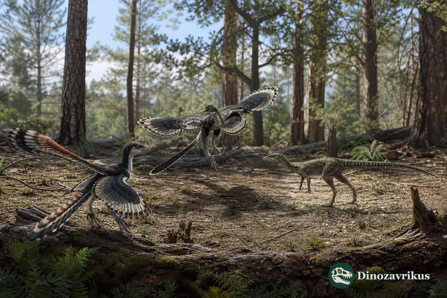 Several small feathered predatory dinosaurs in a Jurassic forest