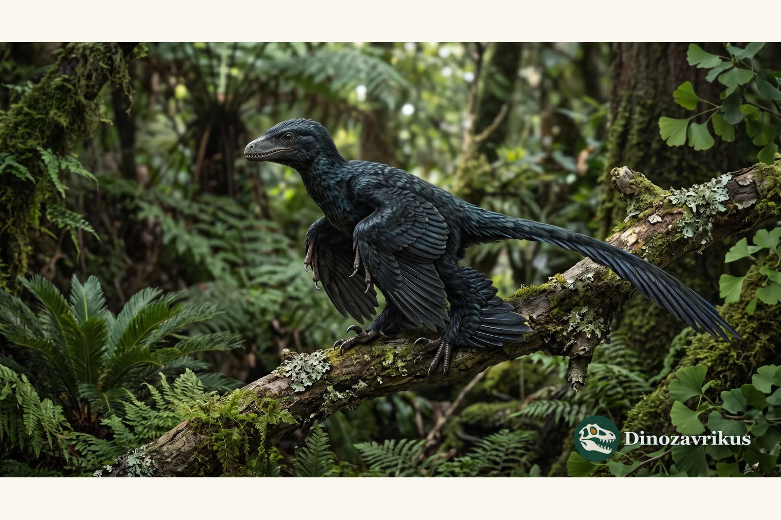 Microraptor reconstructed as a small feathered dinosaur in an Early Cretaceous forest