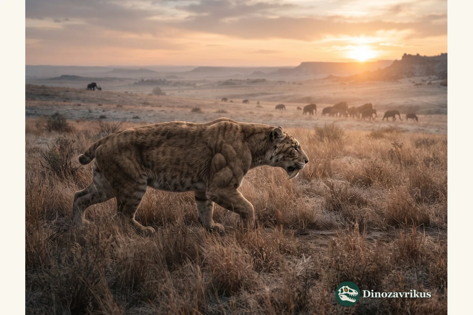 Smilodon moving across a grassland at sunset in late Pleistocene South America