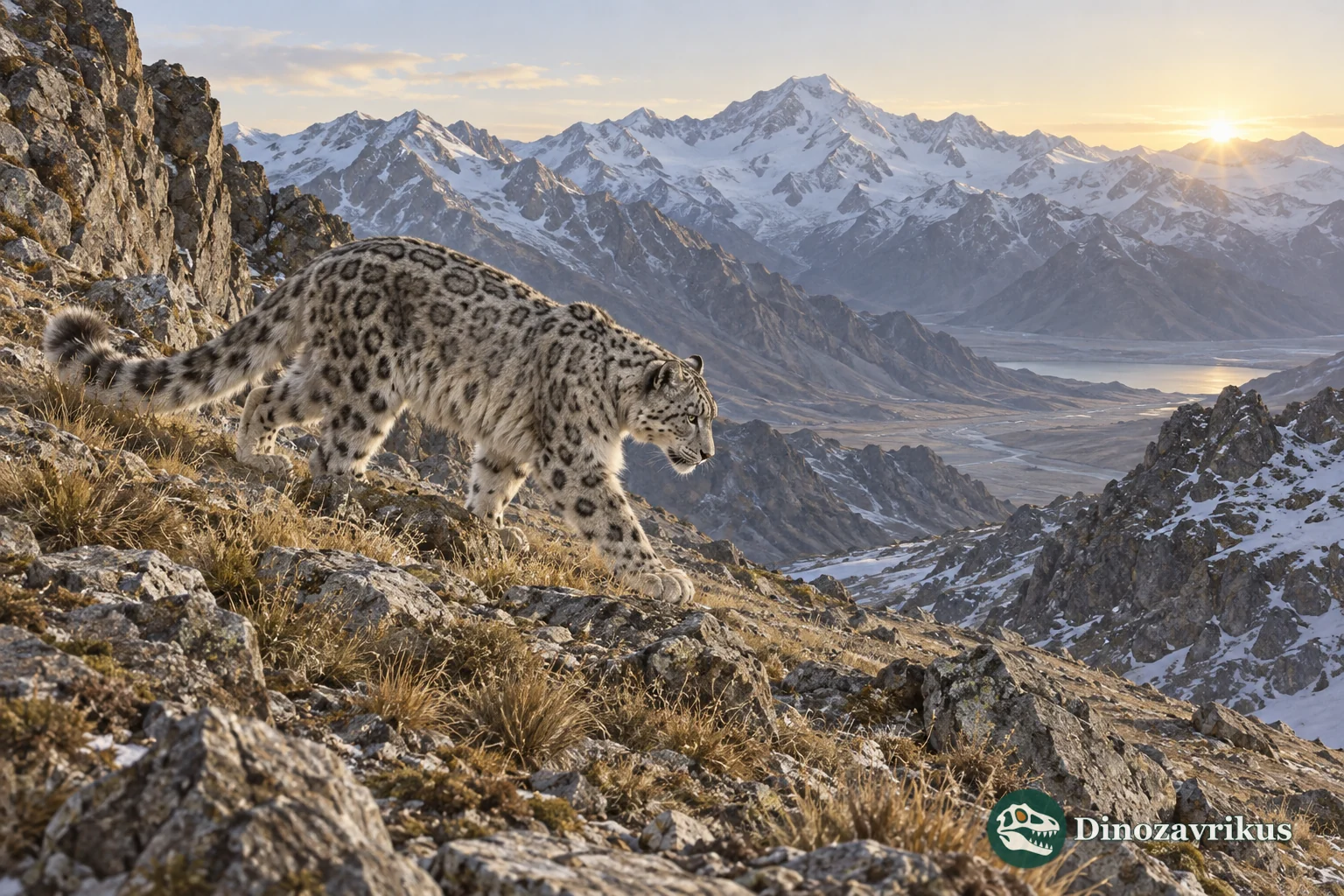 Snow leopard moving across a high rocky mountain slope in Central Asia